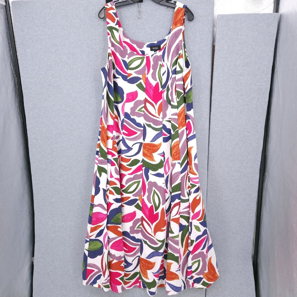 MSK Sleeveless Scoop Neck Maxi Multi Leaf Print Dress Womens Size 3X NWT